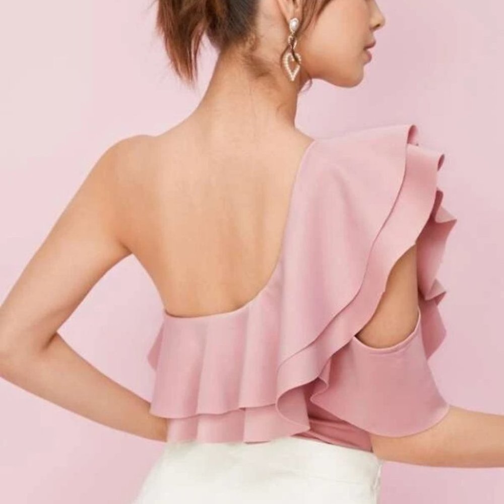pink  One Shoulder Layered Ruffle Bodysuit - Picture 4 of 5